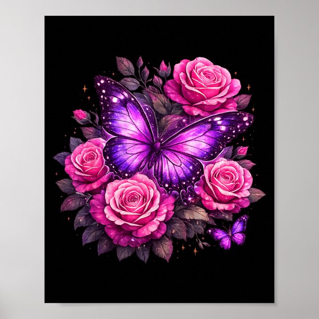 Affiche Beau papillon papillon amoureux de rose violette (Devant)