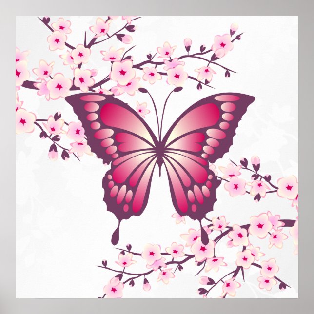Affiche Beau Papillon Rose Et Fleurs De Cerisiers (Devant)