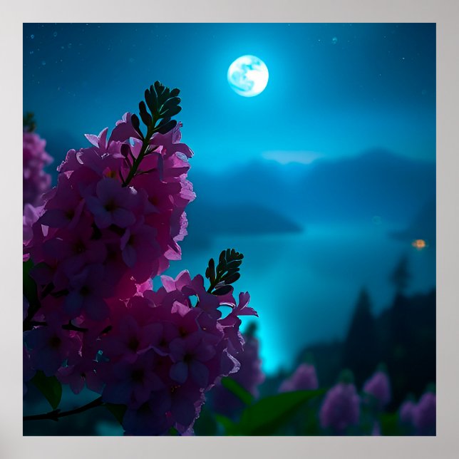 Affiche Beau paysage nocturne avec fleurs et lune (Devant)