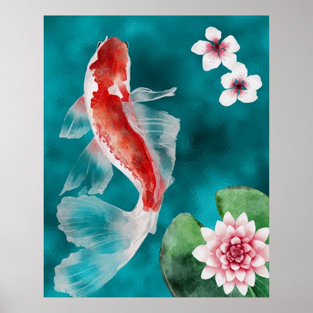 Affiche Beau Poisson japonais Koi, Fleurs de cerisiers Jap (Devant)