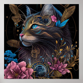 Affiche Beau steampunk Maine Coon avec fleurs IA art