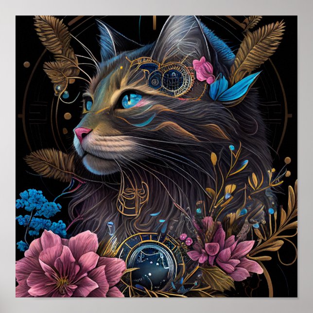 Affiche Beau steampunk Maine Coon avec fleurs IA art (Devant)