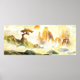 Affiche Beau Temple de Montagne Chinois Paysage Nature