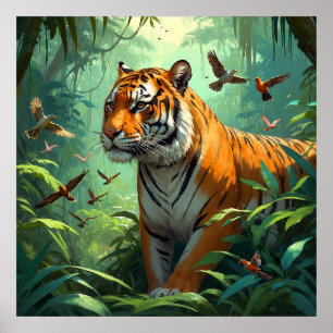 Affiche Beau tigre aux oiseaux dans la jungle