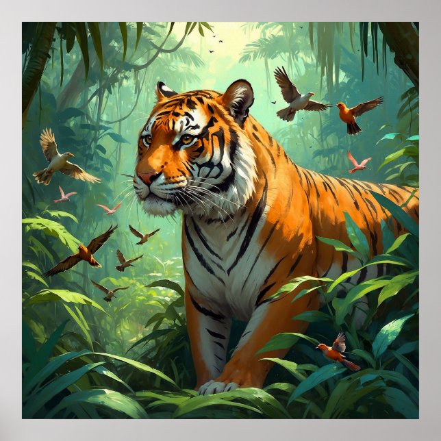 Affiche Beau tigre aux oiseaux dans la jungle (Devant)