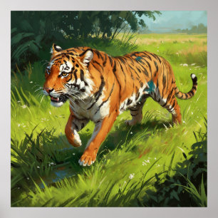 Affiche Beau Tigre Orange Courir dans la Jungle