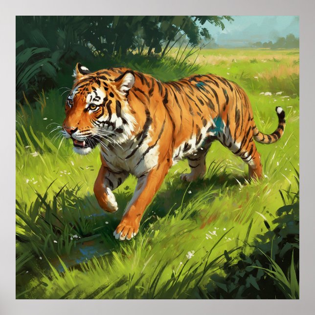 Affiche Beau Tigre Orange Courir dans la Jungle (Devant)