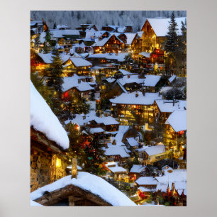 Affiche Beau vieux village de montagne à Noël
