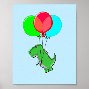 Affiche Beau Vol T-Rex Avec Ballons Dans Ciel Bleu