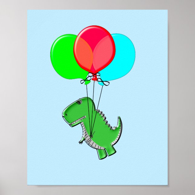 Affiche Beau Vol T-Rex Avec Ballons Dans Ciel Bleu (Devant)