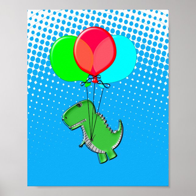 Affiche Beau Vol T-Rex Avec Ballons Dans Ciel Bleu (Devant)
