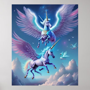 Affiche Beau Volant Violet Unicornes Chevaux Nuage Ciel