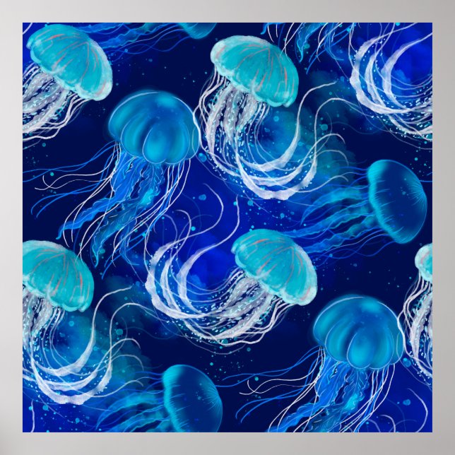 Affiche Beaucoup de méduses bleues nageant sous l'eau. Sea (Devant)