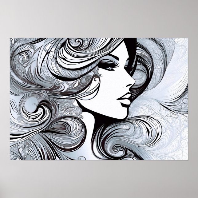 Affiche Beauté classique : Femme moderne en noir et blanc (Devant)