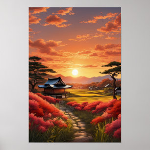 Affiche Beauté du coucher de soleil dans la campagne japon