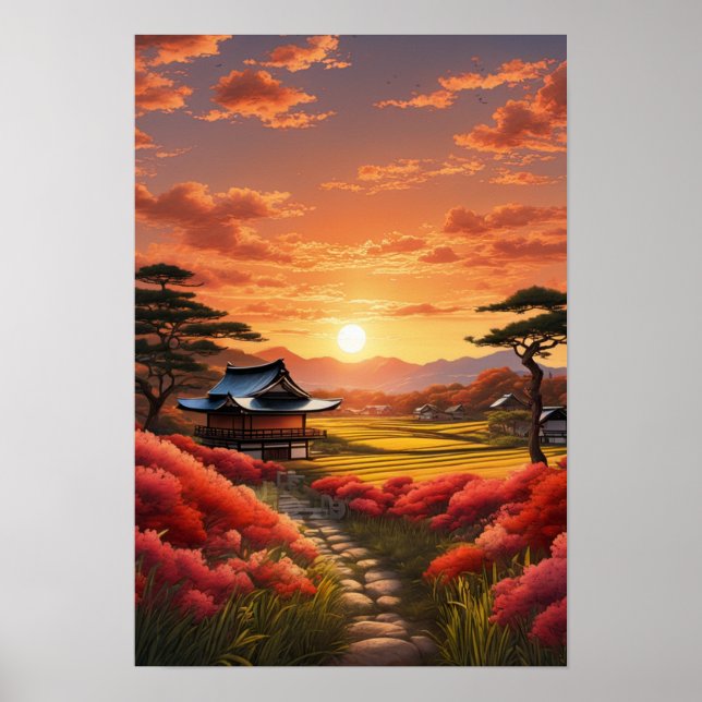 Affiche Beauté du coucher de soleil dans la campagne japon (Devant)