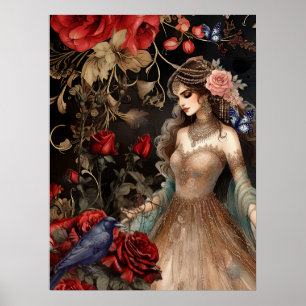 Affiche Beauté foncée exquise Roses rouges et corbeau