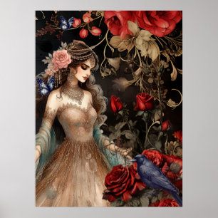 Affiche Beauté foncée exquise Roses rouges et corbeau