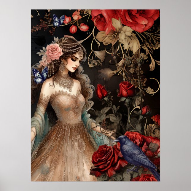 Affiche Beauté foncée exquise Roses rouges et corbeau (Devant)