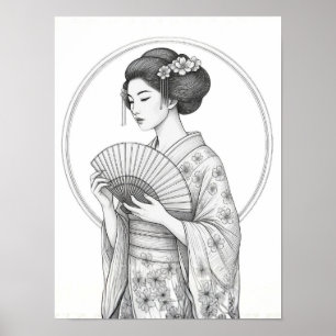 Affiche Beauté japonaise avec éventail pliant