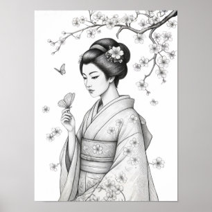 Affiche Beauté japonaise avec papillons