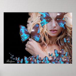 AFFICHE BEAUTÉ MYSTÉRIEUSE AVEC PAPILLON BLEU