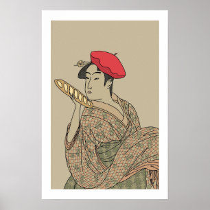 Affiche Beauté Ukiyo-e avec béret français et baguette
