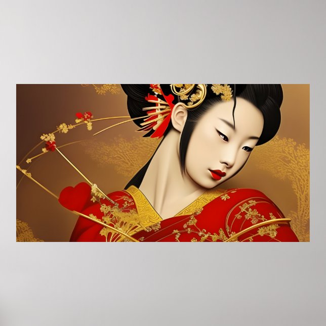 Affiche Beautiful Asian woman geisha red gold (Devant)