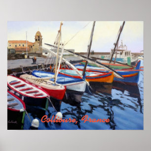Affiche Beautiful Red Orange Blue Green Boats in Collioure