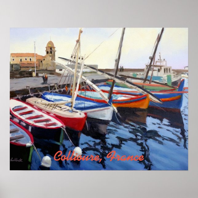 Affiche Beautiful Red Orange Blue Green Boats in Collioure (Devant)