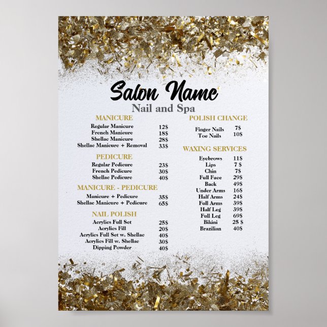 Affiche Beauty Nail Salon Prix du menu Gold confetti (Devant)