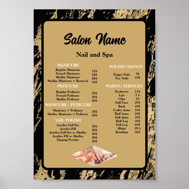 Affiche Beauty Nail Salon Prix du menu Marbre noir (Devant)