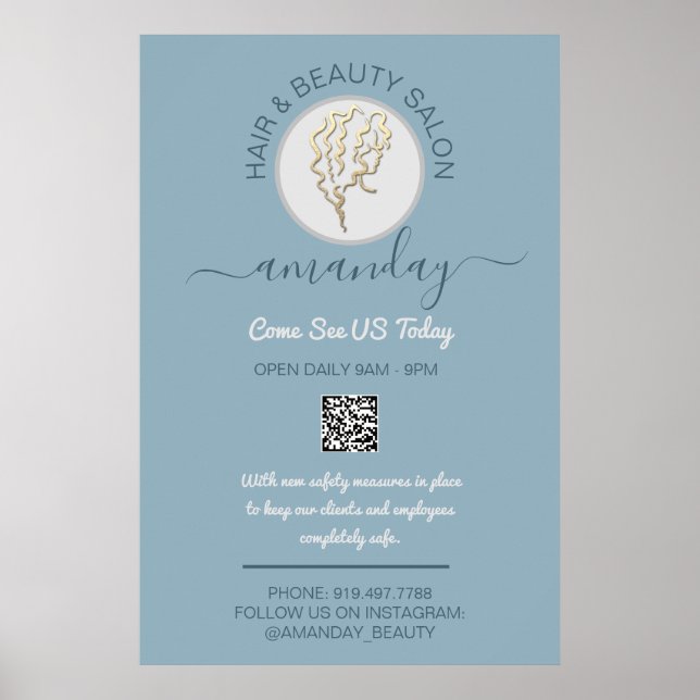 Affiche Beauty Salon Be Safe Logo Coiffeur QR Code (Devant)
