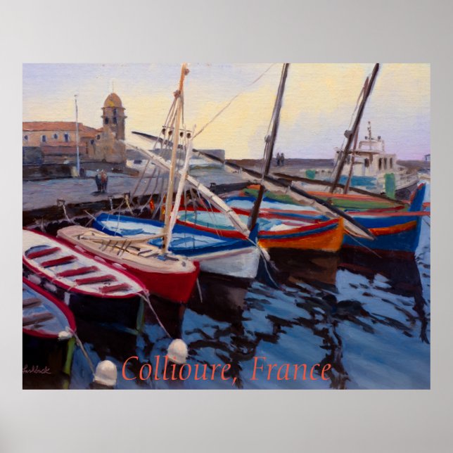 Affiche Beaux bateaux rouges orange bleu vert à Collioure (Devant)
