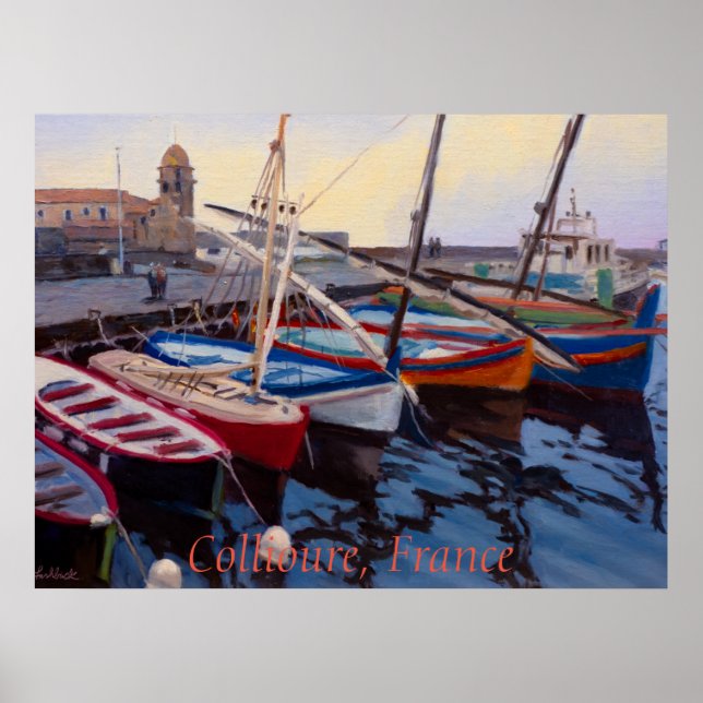 Affiche Beaux bateaux rouges orange bleus verts à Colliour (Devant)