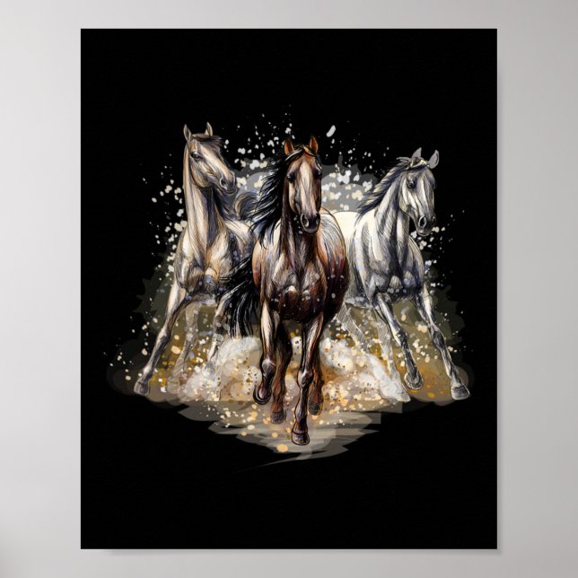 Affiche Beaux Chevaux Dessin Art Cheval Équitation Hommes  (Devant)