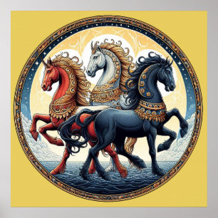 Affiche "Beaux chevaux mystiques rouges, blancs et bleus"