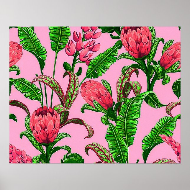 Affiche Beaux Feuilles verts tropicaux aux fleurs rouges | (Devant)