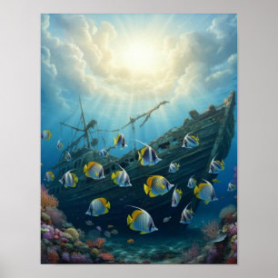 Affiche Beaux poissons de récif avec une épave de navire  