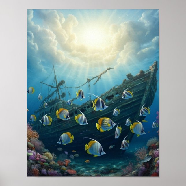Affiche Beaux poissons de récif avec une épave de navire   (Devant)
