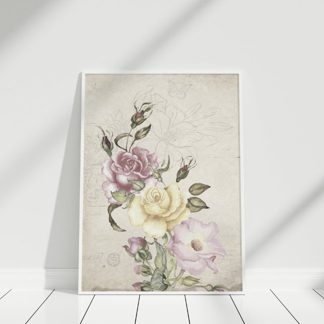 Affiche Beaux roses vintages (Beautiful vintage roses poster in a white frame in a white room.)