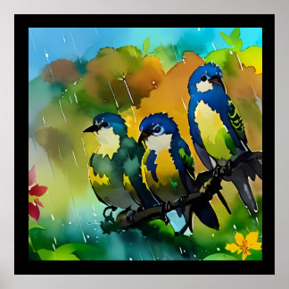 Affiche Beaux Trois Oiseaux Colorés Assis Sur Une Branche