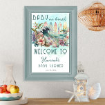 Affiche Bébé à bord Baby shower floral de surf tropical<br><div class="desc">Le design exotique et floral "Baby on Board", sur le thème du surf tropical, est un modèle baby shower qui présente un thème neutre pour les hommes et les femmes, avec une touche tropicale. Le design dépeint un ensemble de planches de surf colorées avec l'océan et une vague éclatante au...</div>