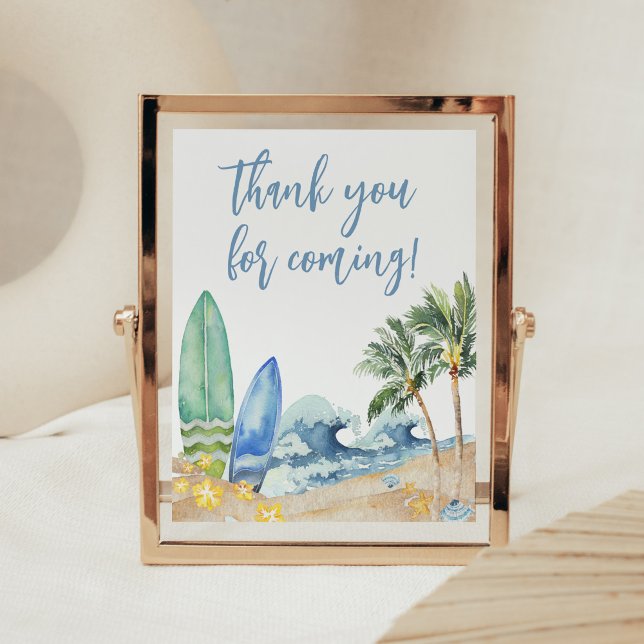 Affiche Bébé à bord du Merci de plage pour venir (Surfing Summer Boy Baby Shower Thank you for Coming Sign)