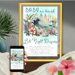 Affiche Bébé à bord Surf tropical Diapeurs tard dans la nu<br><div class="desc">Le design exotique et floral "Baby on Board", sur le thème du surf tropical, est un modèle baby shower qui présente un thème neutre pour les hommes et les femmes, avec une touche tropicale. Le design dépeint un ensemble de planches de surf colorées avec l'océan et une vague éclatante au...</div>
