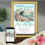 Affiche Bébé à bord Tropical Surfing Mom-Osa Bar<br><div class="desc">Le design exotique et floral "Baby on Board", sur le thème du surf tropical, est un modèle baby shower qui présente un thème neutre pour les hommes et les femmes, avec une touche tropicale. Le design dépeint un ensemble de planches de surf colorées avec l'océan et une vague éclatante au...</div>