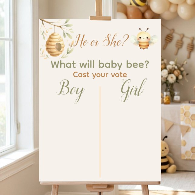 Affiche Bébé abeille, il ou elle, votez garçon ou fille (He or She Bee Gender Reveal Voting Sign. He or She? What Will Baby Bee? )