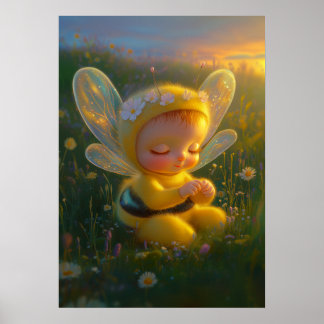 Affiche Bébé abeille miel fantaisiste dans un ensoleillé