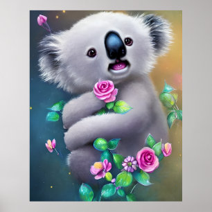 Affiche Bébé adorable Ours Koala avec fleurs