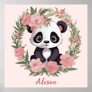 Affiche Bébé adorable Panda Ours avec fleurs